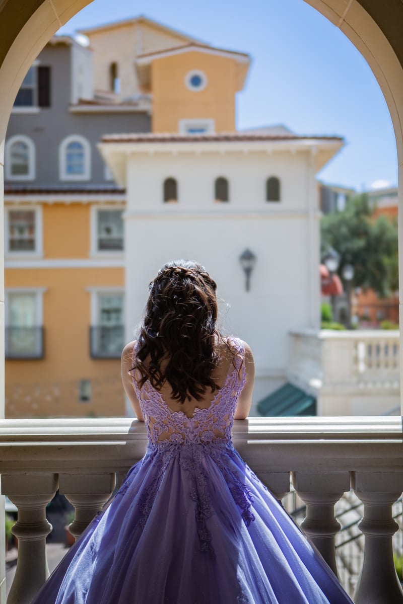 A girl in a purple gown under an archway, seen from behind